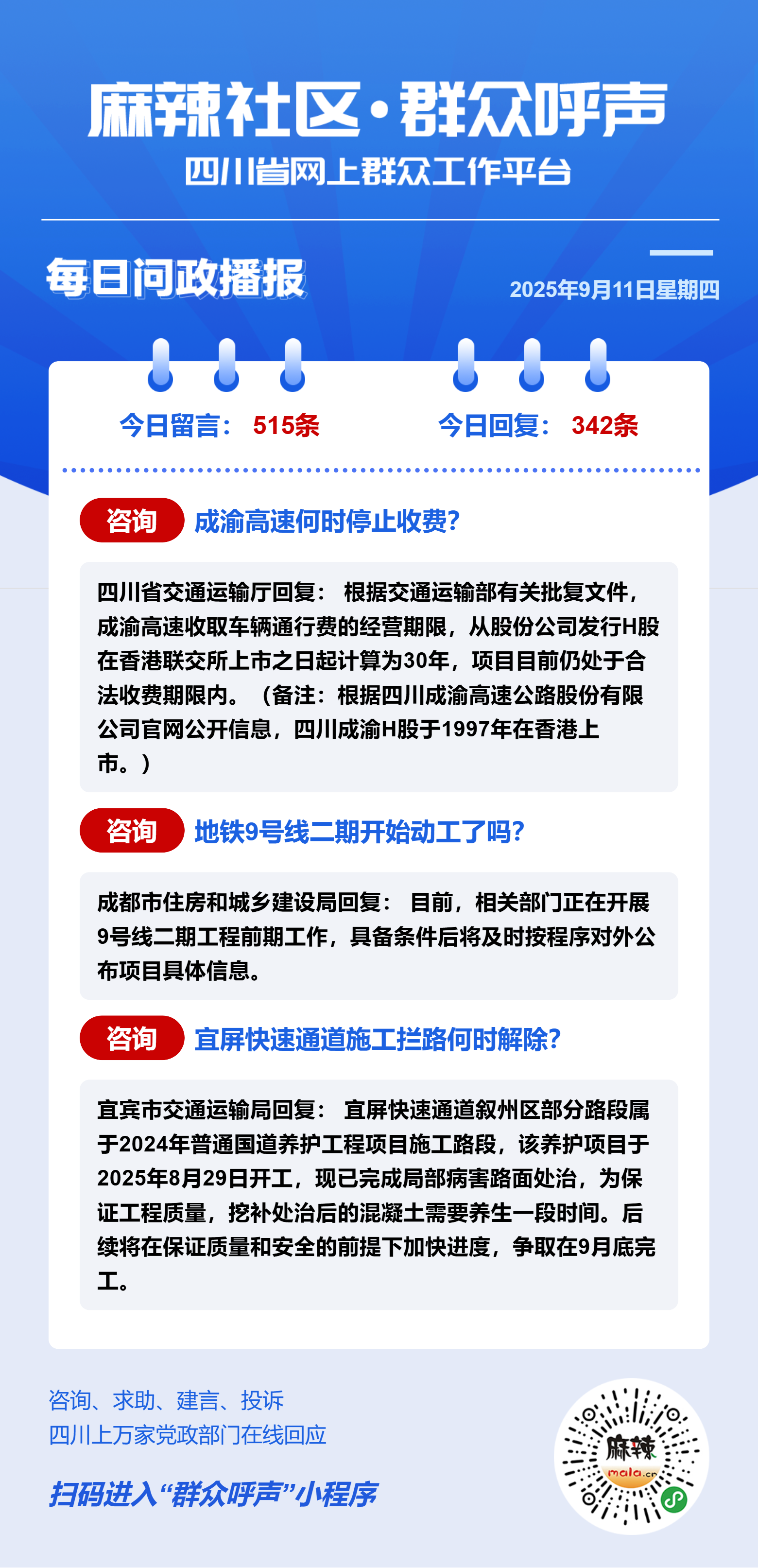 麻辣社区《群众呼声》每日问政播报(09月11日) - 群众呼声四川问政
